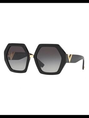 Valentino Black Oversized Hexagon Sunglasses with Gold V Detail